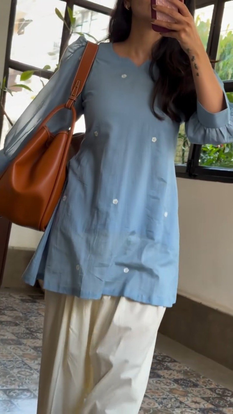 Pastel Skies Cotton Embroidered Kurta Set with Wide-Leg Palazzos