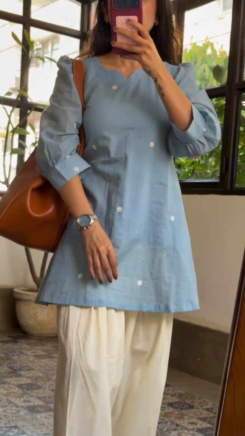 Pastel Skies Cotton Embroidered Kurta Set with Wide-Leg Palazzos