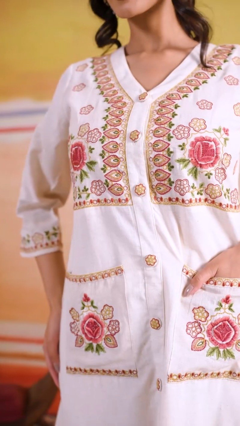 Ivory Floral Embroidered Button-Down Straight Kurta