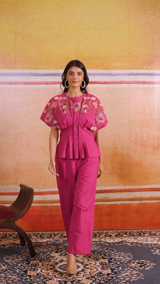 Vibrant Fuchsia Peplum Kurta Set with Floral Embroidery
