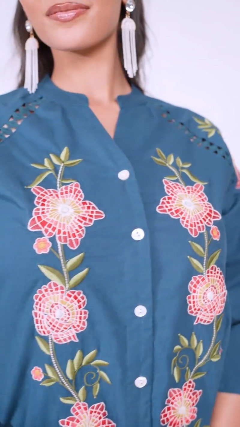 Teal Bloom Embroidered Cotton Kurta