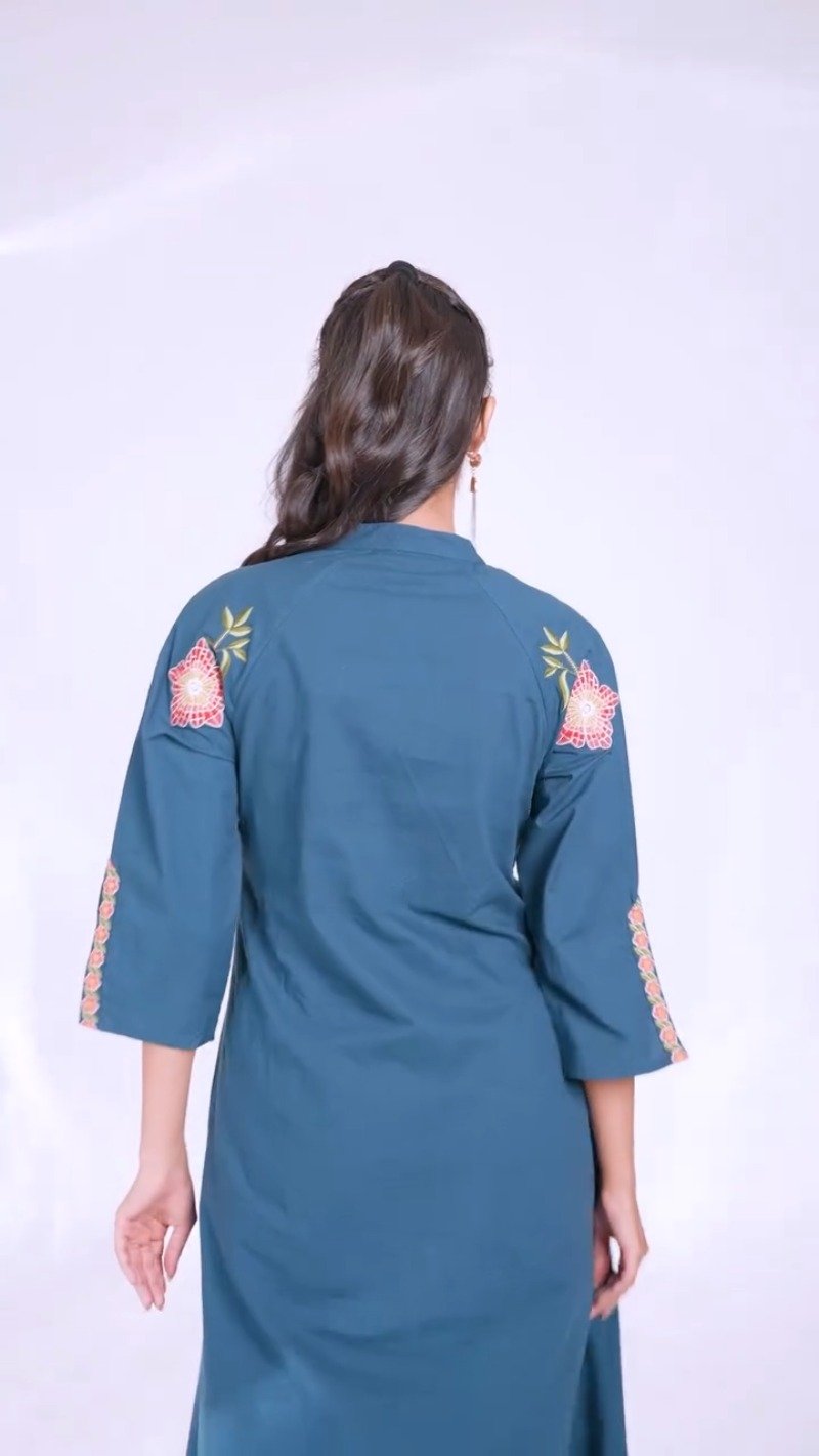 Teal Bloom Embroidered Cotton Kurta