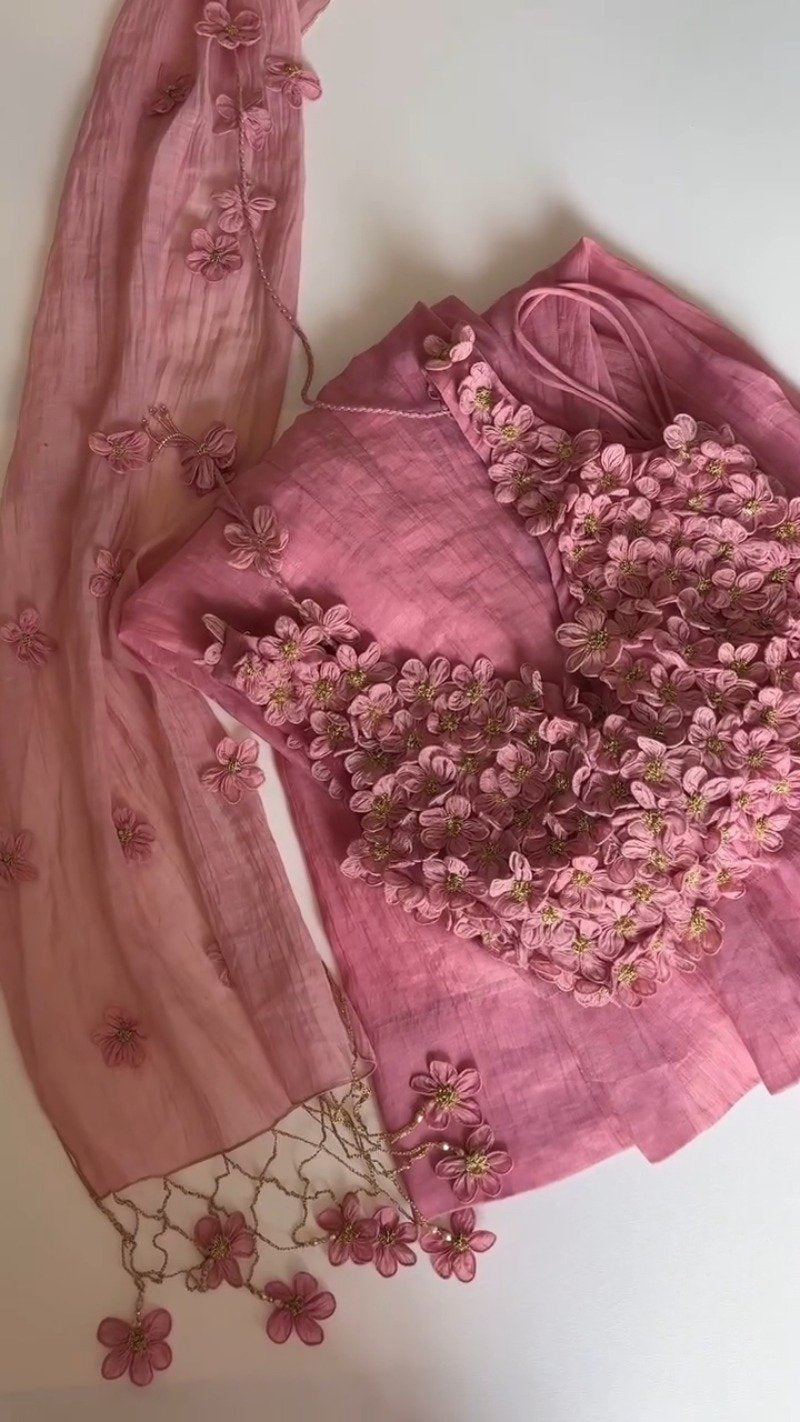 Floral Whisper Organza Saree Set with Hand-Embellished Blouse – Dusty Rose