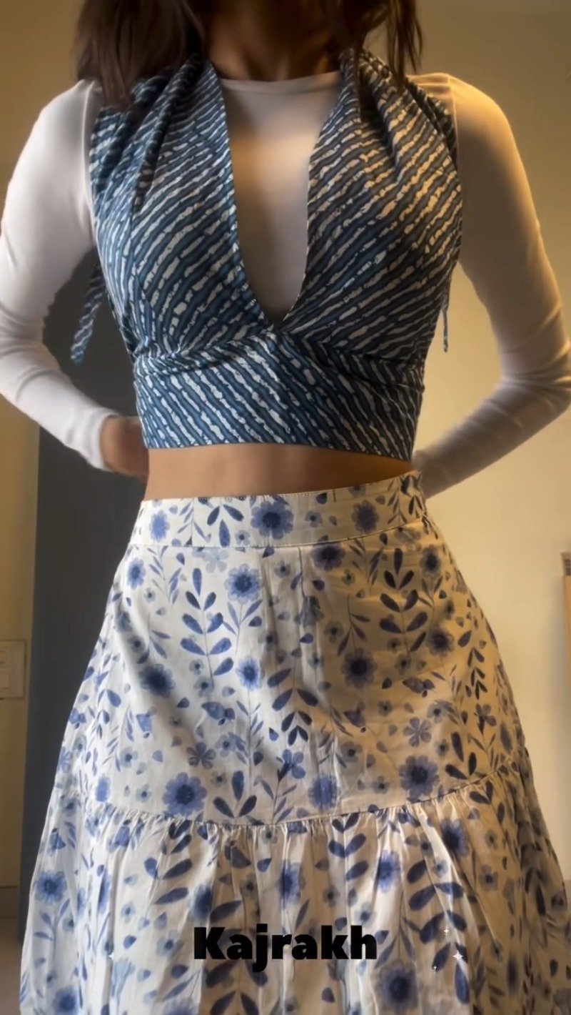 Indigo Shibori Print Wrap-Tie Crop Top & Floral Skirt Co-ord Set
