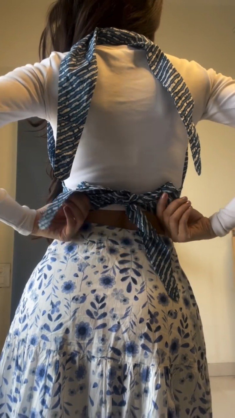 Indigo Shibori Print Wrap-Tie Crop Top & Floral Skirt Co-ord Set