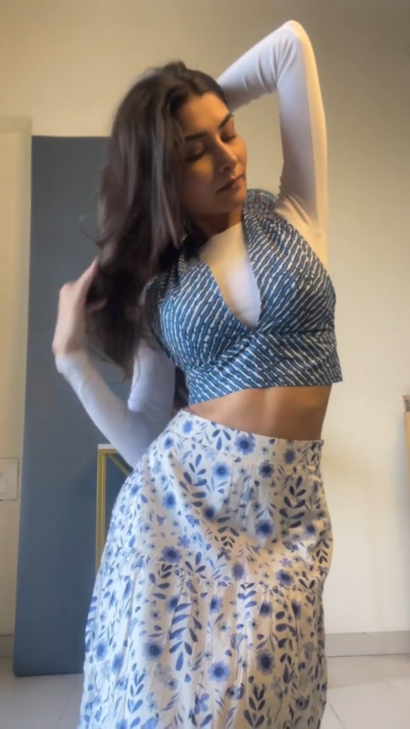 Indigo Shibori Print Wrap-Tie Crop Top & Floral Skirt Co-ord Set