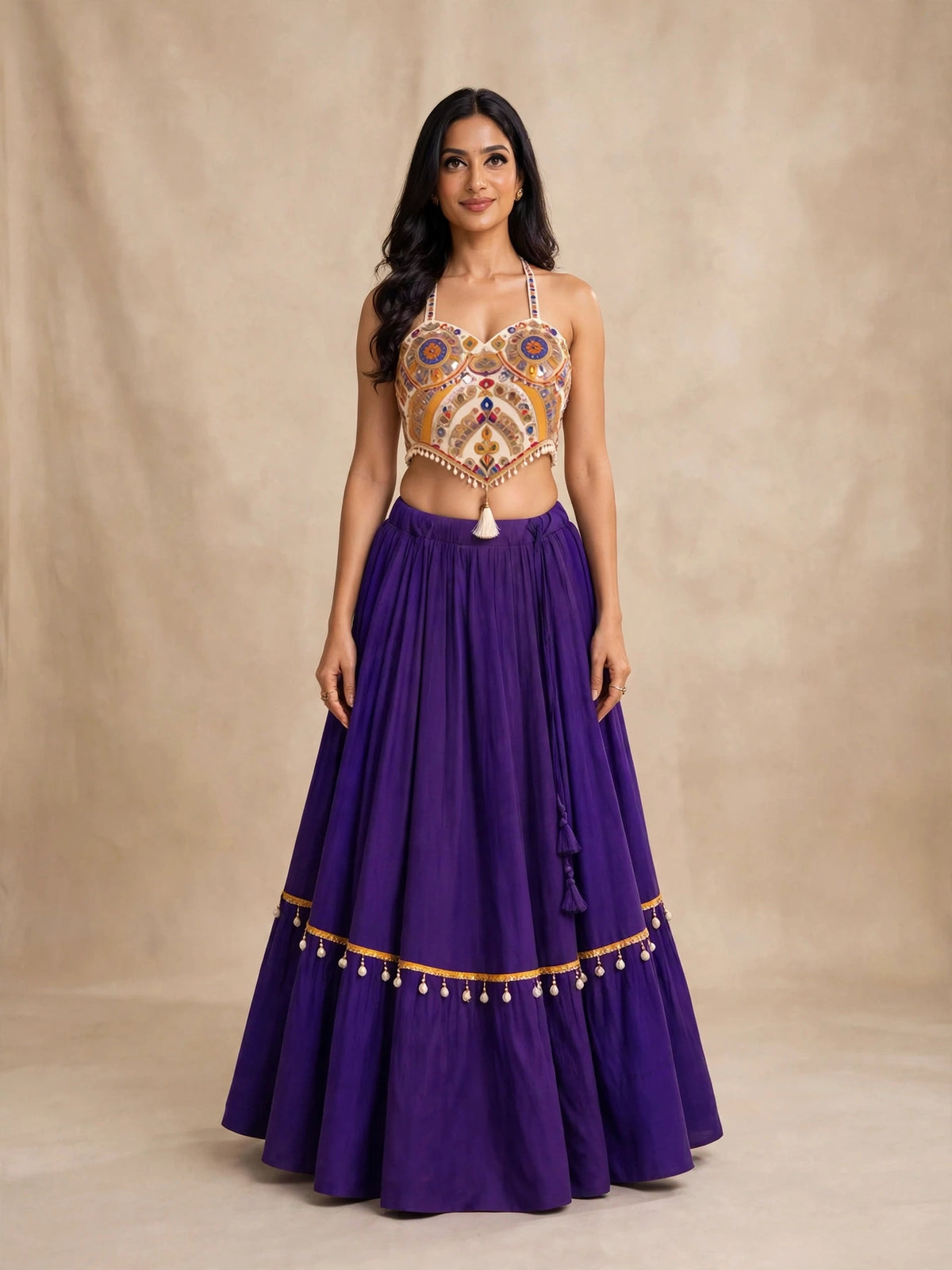 Royal Indigo Mirror-Work Halter Neck Lehenga Set