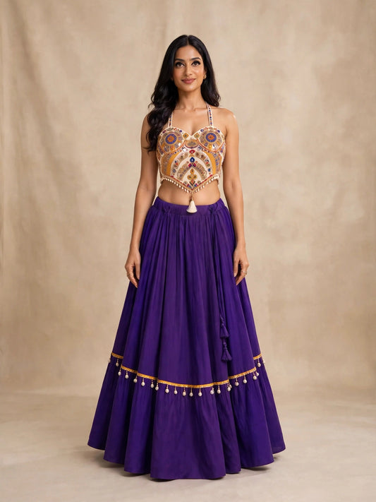 Royal Indigo Mirror-Work Halter Neck Lehenga Set
