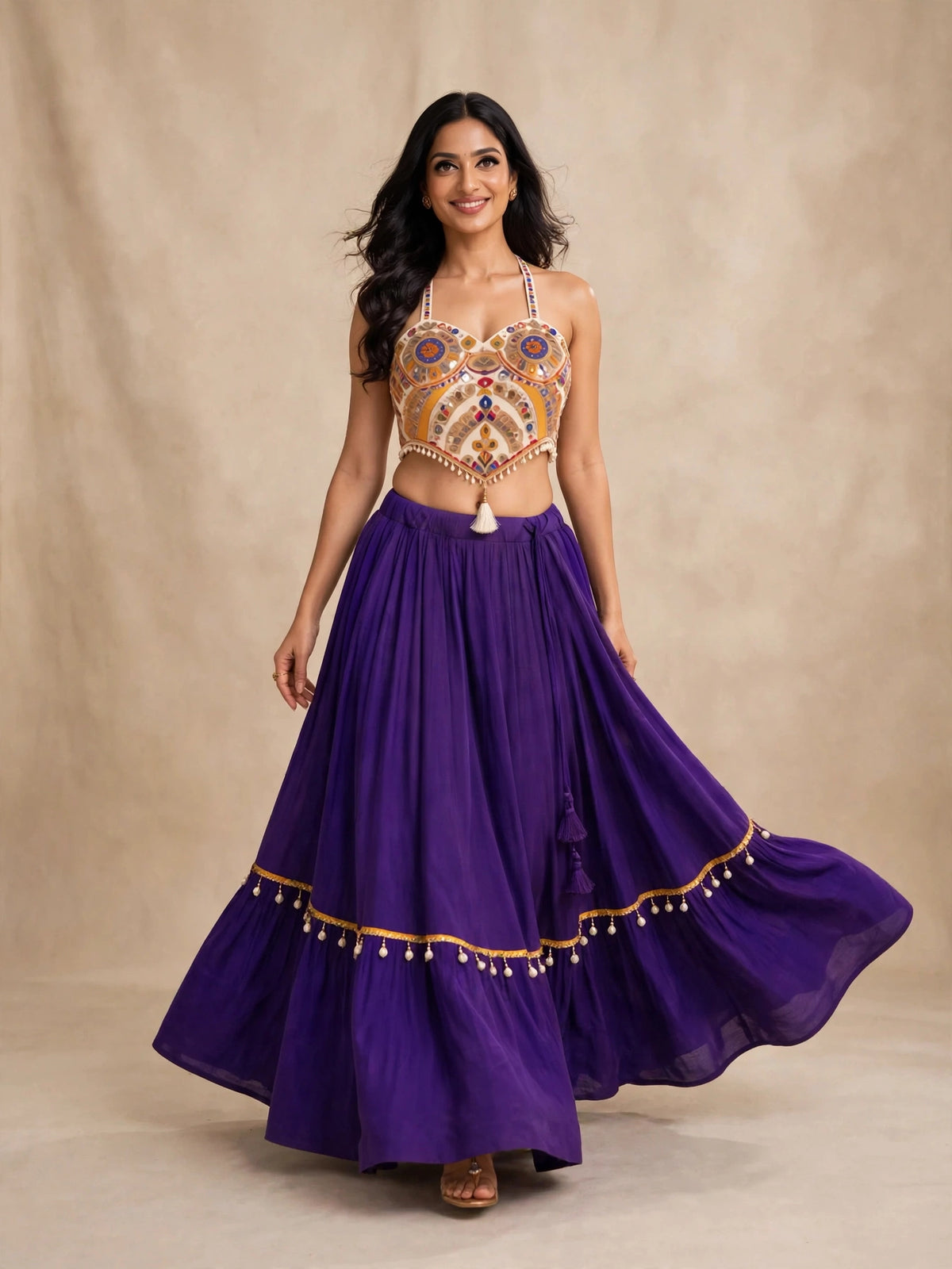 Royal Indigo Mirror-Work Halter Neck Lehenga Set