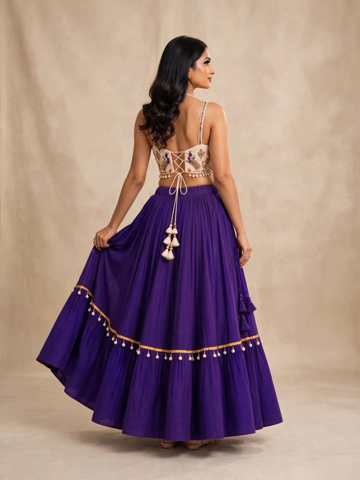 Royal Indigo Mirror-Work Halter Neck Lehenga Set