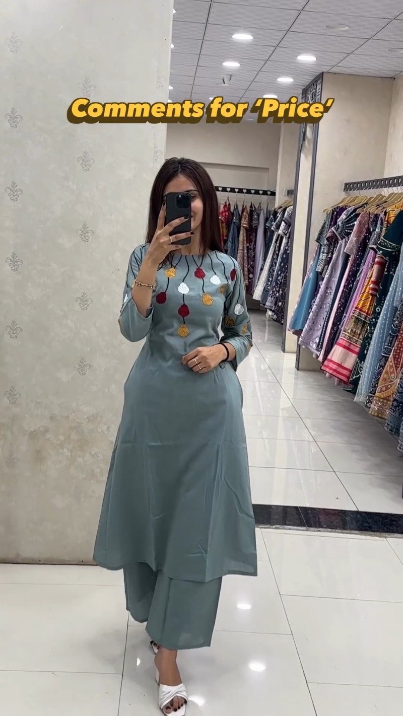 Minimalist Sage Green Embroidered Kurta Set with Hanging Tassel Detailing