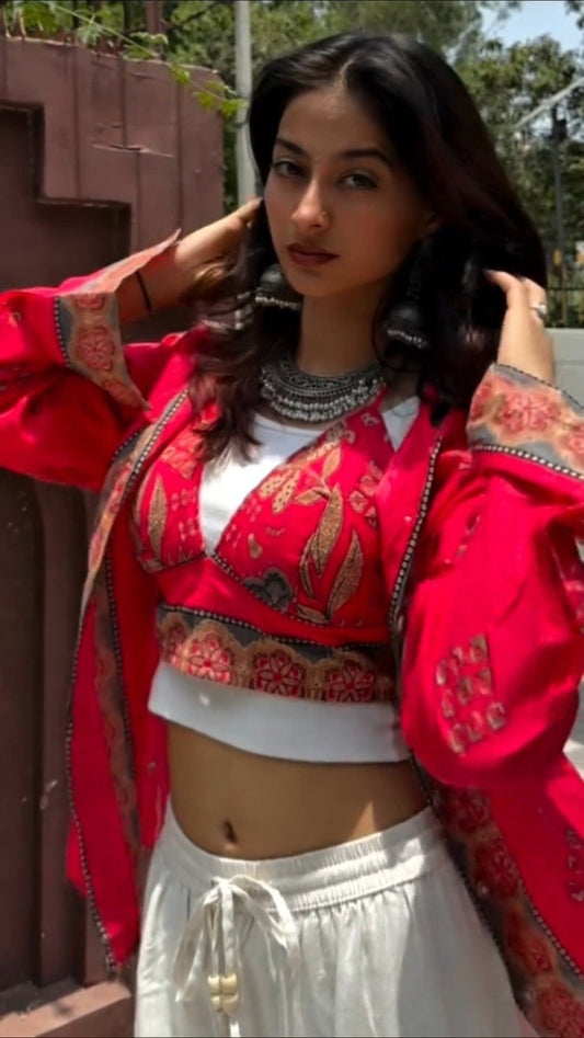 Bohemian Sunset Embroidered Co-ord Set with Statement Layering – Crimson Red