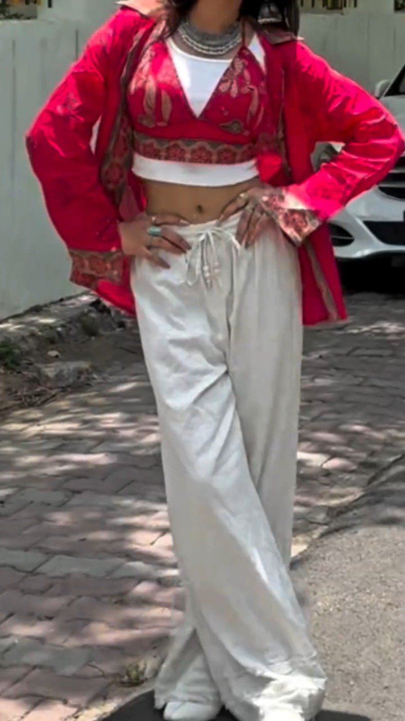 Bohemian Sunset Embroidered Co-ord Set with Statement Layering – Crimson Red