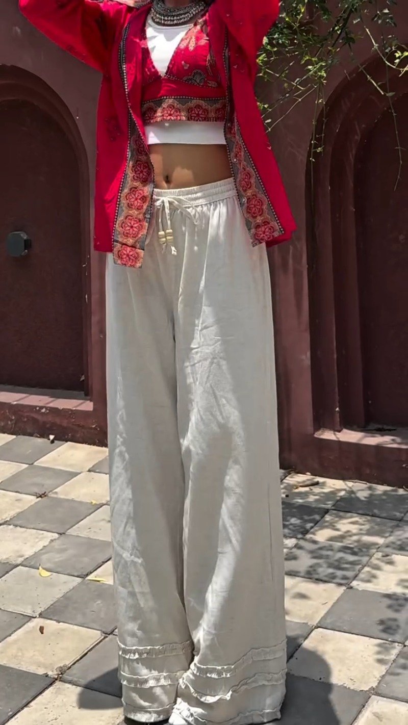 Bohemian Sunset Embroidered Co-ord Set with Statement Layering – Crimson Red