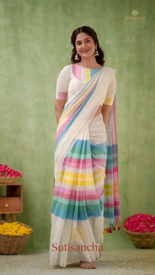 Vibrant Stripe Fusion Handwoven Cotton Saree – Available in Sunshine Yellow & Pristine White