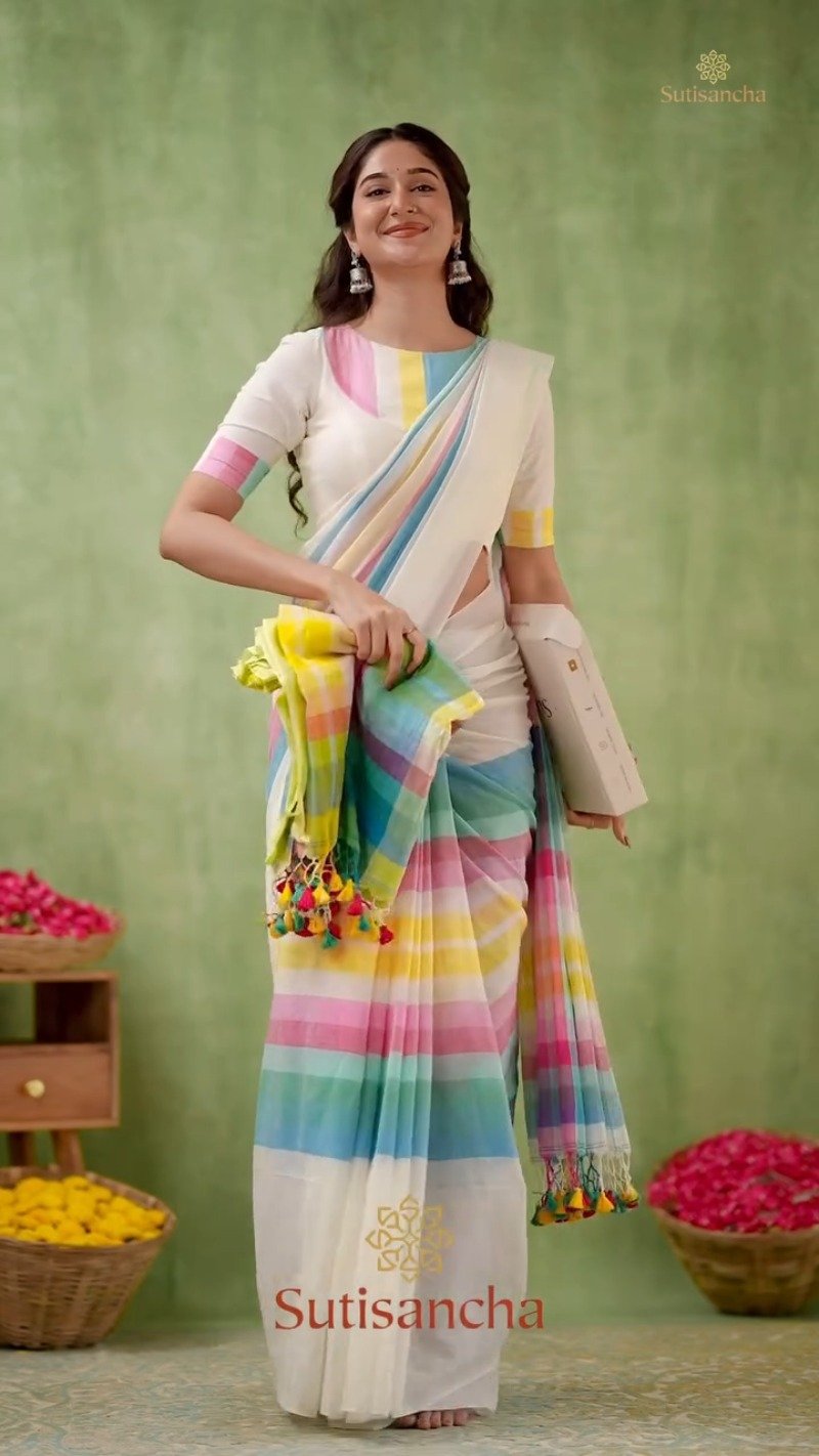 Vibrant Stripe Fusion Handwoven Cotton Saree – Available in Sunshine Yellow & Pristine White