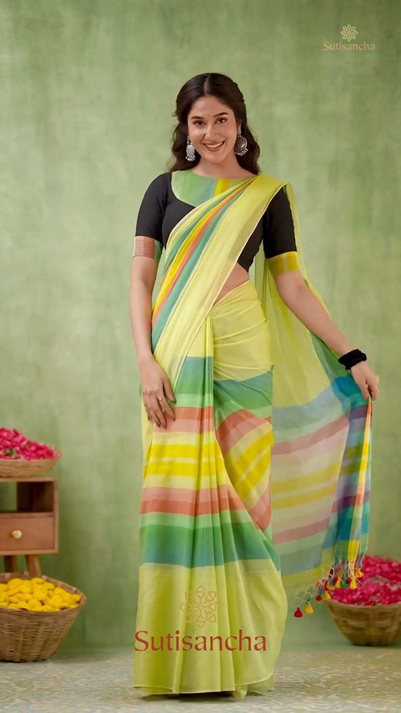 Vibrant Stripe Fusion Handwoven Cotton Saree – Available in Sunshine Yellow & Pristine White