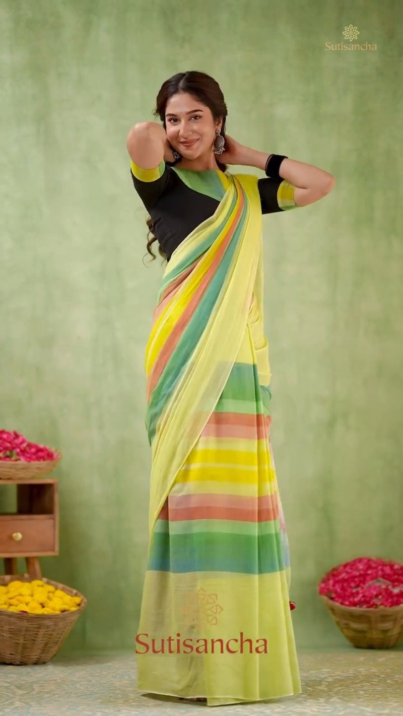 Vibrant Stripe Fusion Handwoven Cotton Saree – Available in Sunshine Yellow & Pristine White