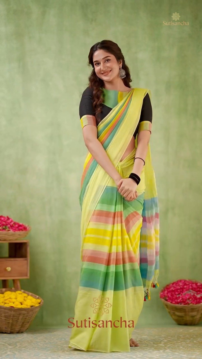 Vibrant Stripe Fusion Handwoven Cotton Saree – Available in Sunshine Yellow & Pristine White
