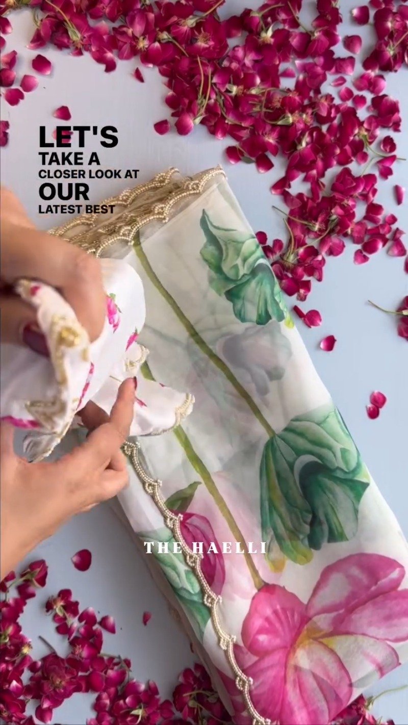Lotus Bloom Organza Saree with Hand-Embroidered Scalloped Border and Pre-Stitched Pleats