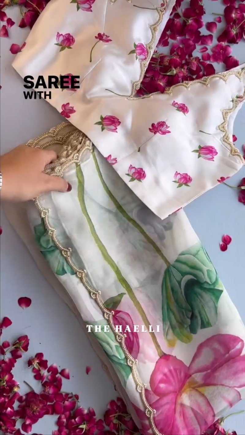 Lotus Bloom Organza Saree with Hand-Embroidered Scalloped Border and Pre-Stitched Pleats