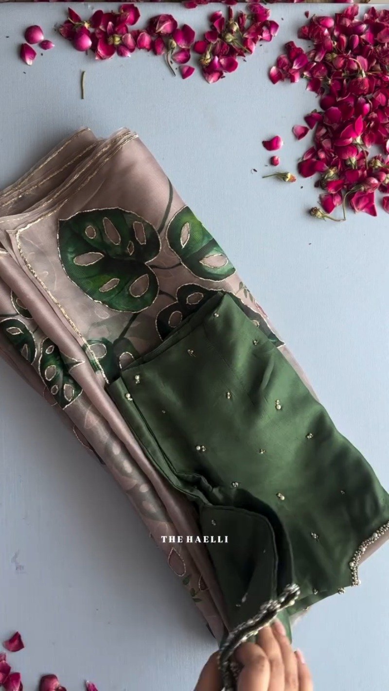 Botanical Essence Hand-Painted Organza Saree Set – Available in Olive Green & Mauve