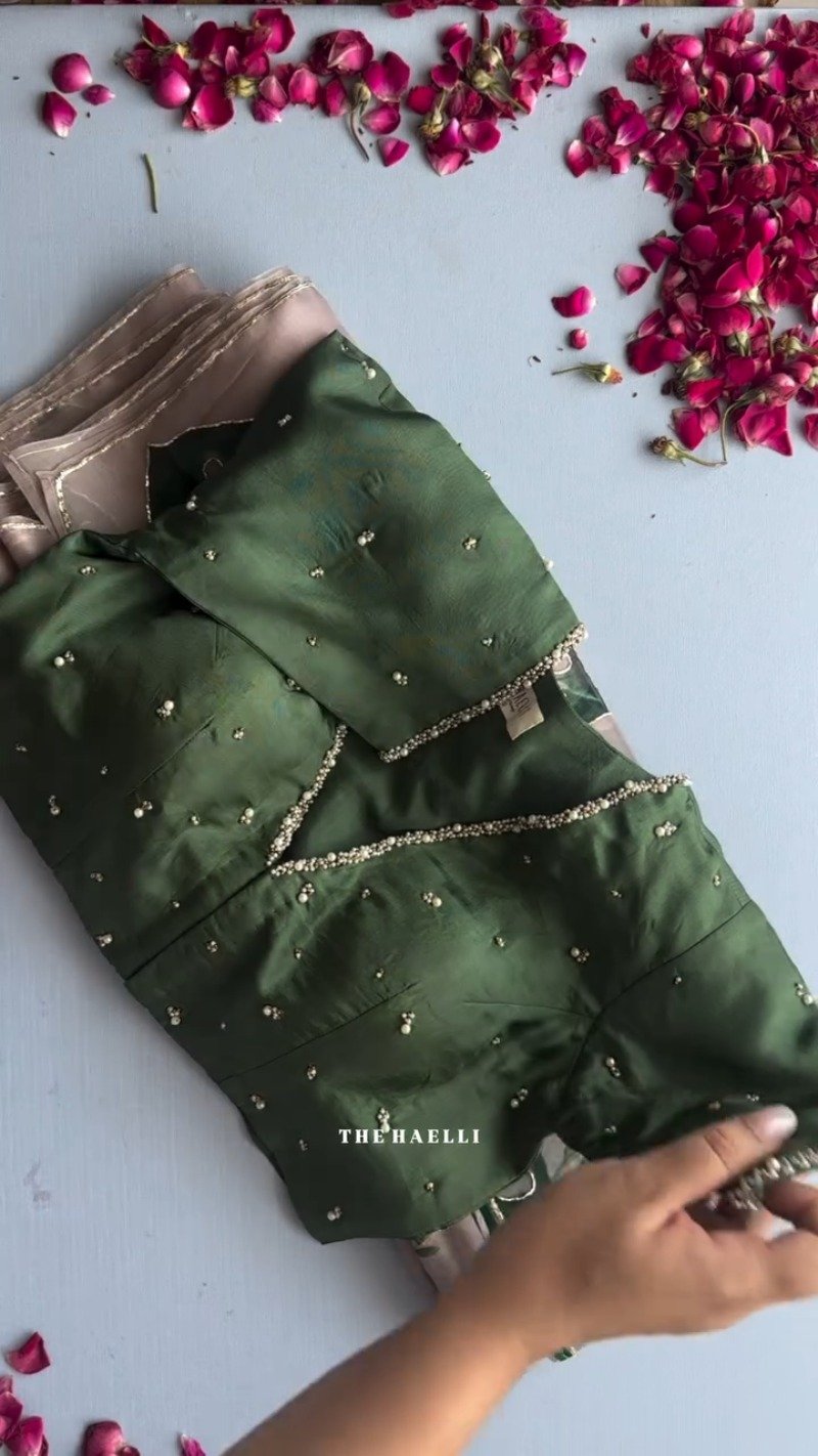 Botanical Essence Hand-Painted Organza Saree Set – Available in Olive Green & Mauve