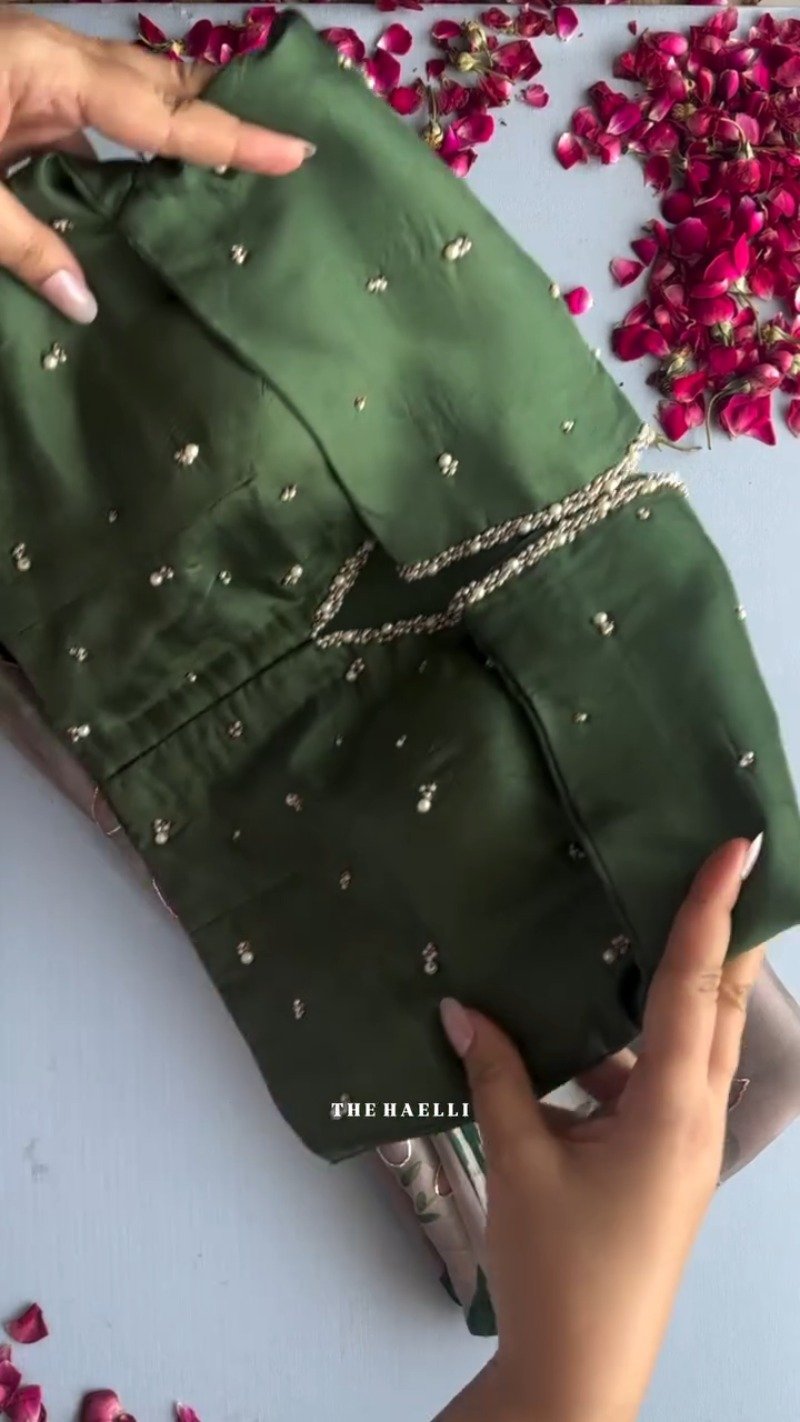 Botanical Essence Hand-Painted Organza Saree Set – Available in Olive Green & Mauve