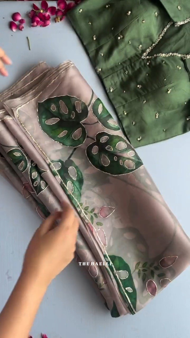Botanical Essence Hand-Painted Organza Saree Set – Available in Olive Green & Mauve