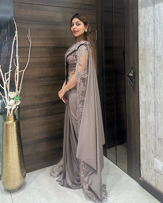 Designer Satin Drape Saree with Embellished Cape Blouse
