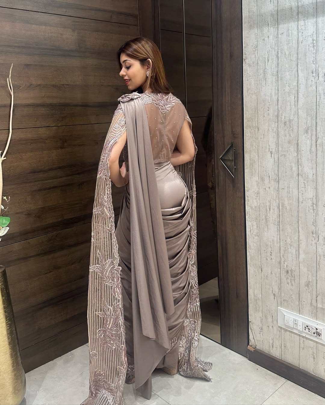 Designer Satin Drape Saree with Embellished Cape Blouse