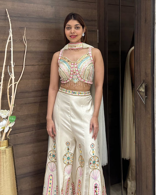 Ivory Embroidered Bustier & Sharara Set with Mirror and Pearl Detailing