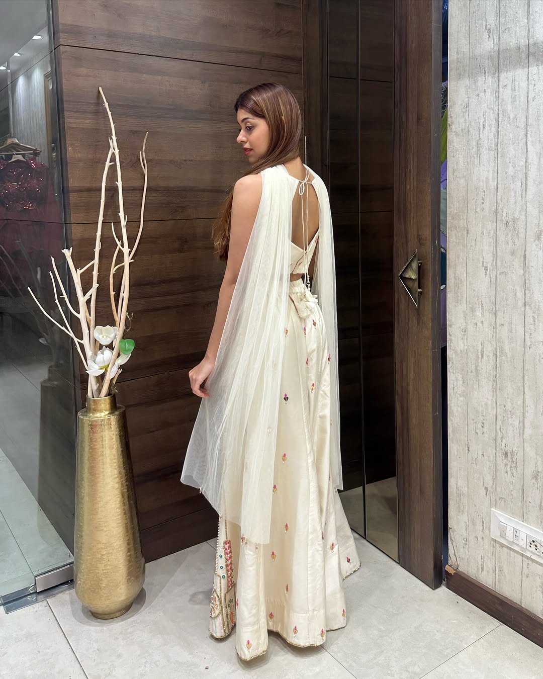 Ivory Embroidered Bustier & Sharara Set with Mirror and Pearl Detailing