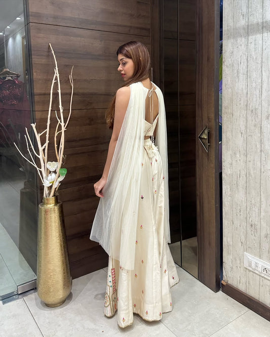 Ivory Embroidered Bustier & Sharara Set with Mirror and Pearl Detailing