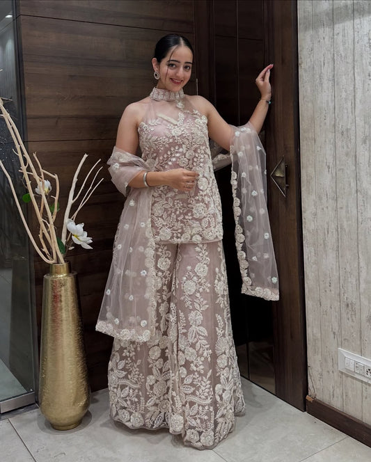 Embroidered Net Halter Kurti with Sharara & Dupatta Set – Beige Nude