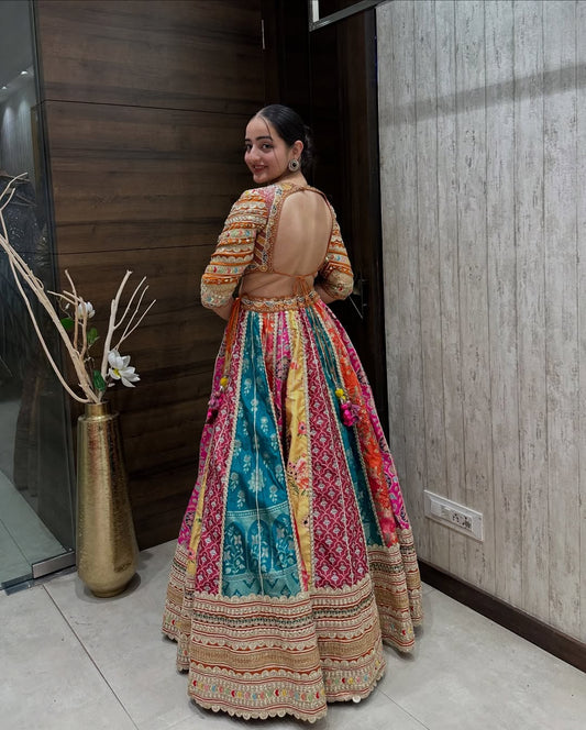 Multi-Panel Mirror Embroidered Lehenga Choli Set with Orange Net Dupatta