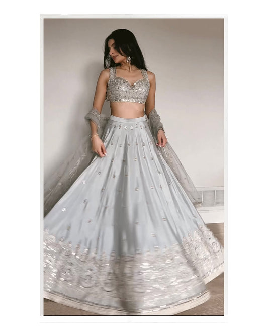 Silver Grey Sequins Embroidered Lehenga Choli with Net Dupatta