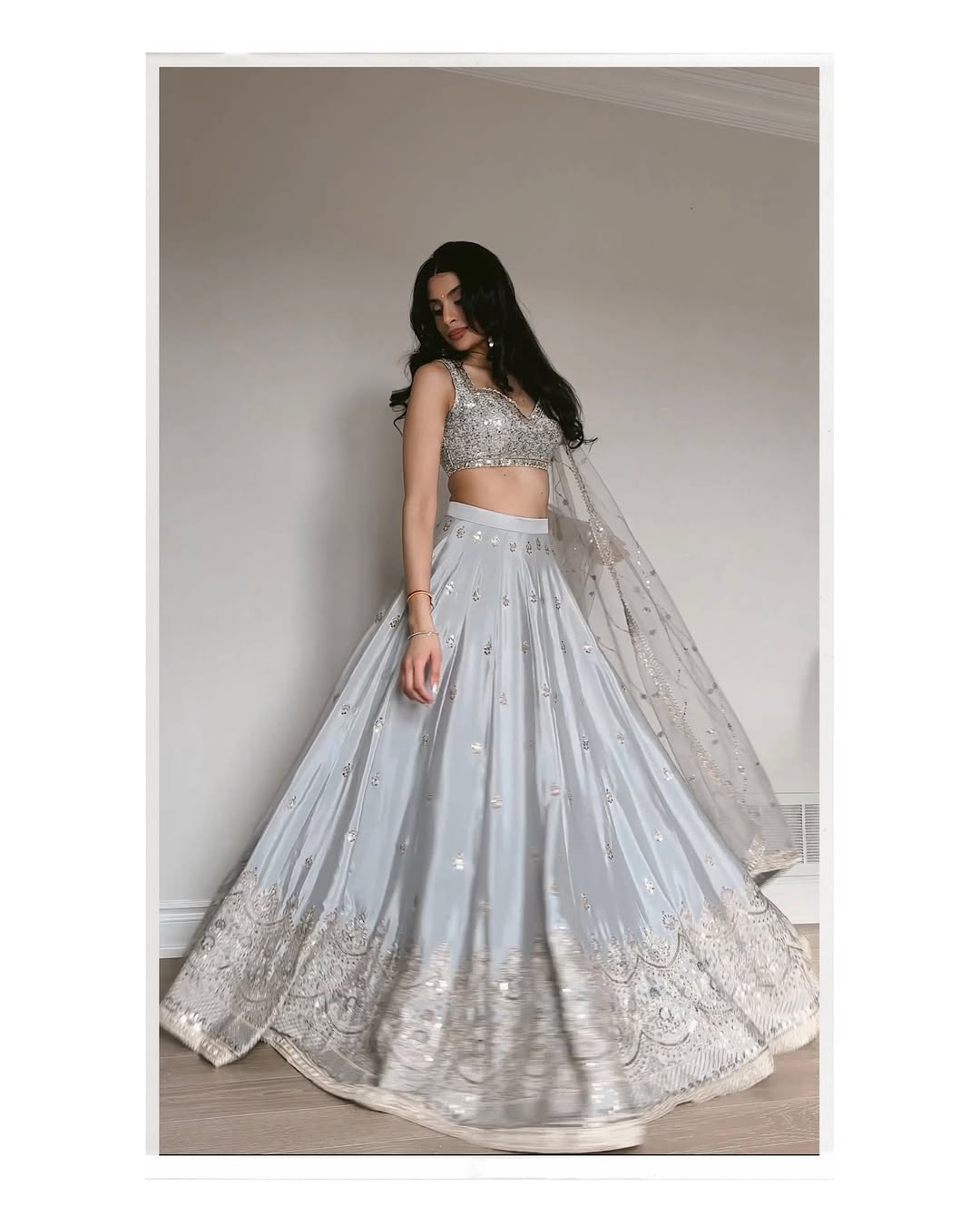 Silver Grey Sequins Embroidered Lehenga Choli with Net Dupatta