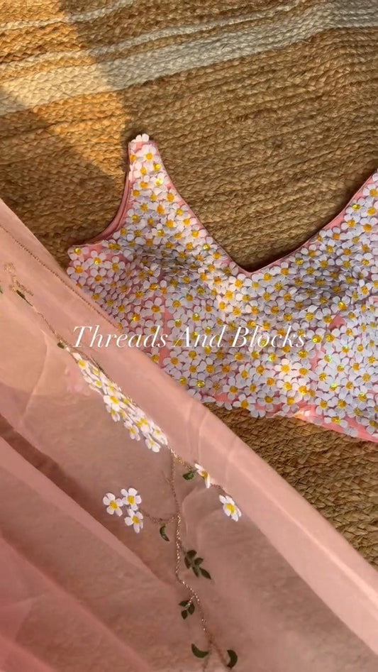 Peach Floral Bloom Hand-Embroidered Organza Saree & Blouse Set