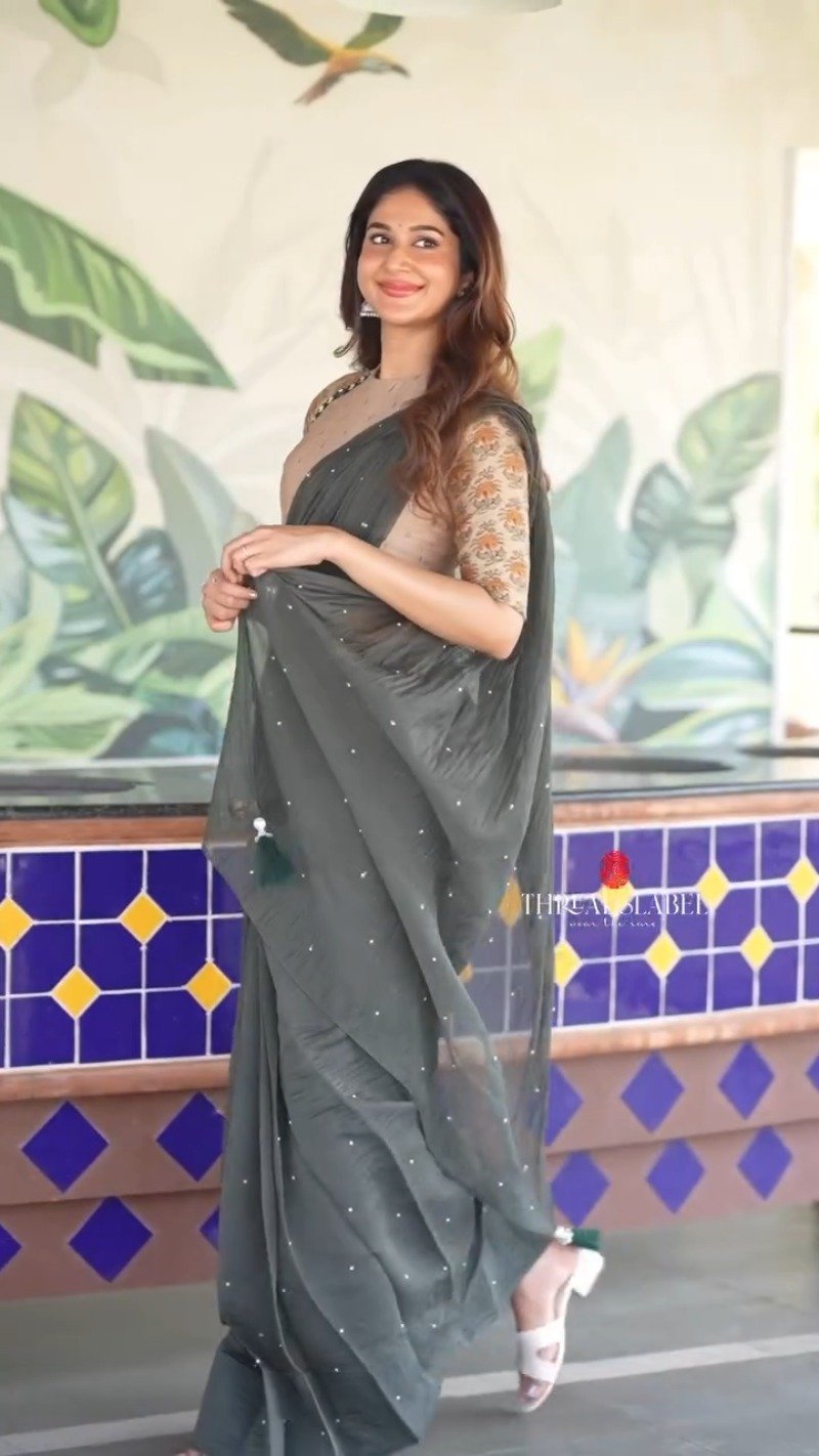 Midnight Charcoal Embellished Chiffon Saree with Printed Designer Blouse