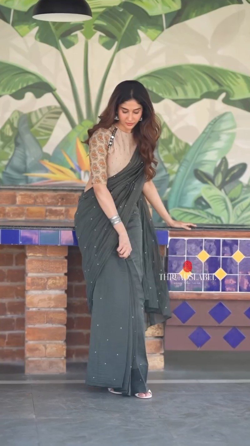 Midnight Charcoal Embellished Chiffon Saree with Printed Designer Blouse
