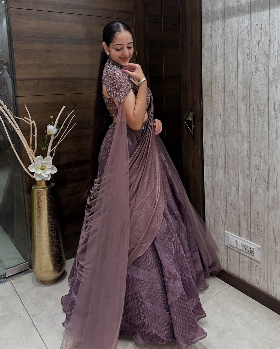 Embellished Mauve Designer Crop Top with Layered Lehenga and Cape Dupatta