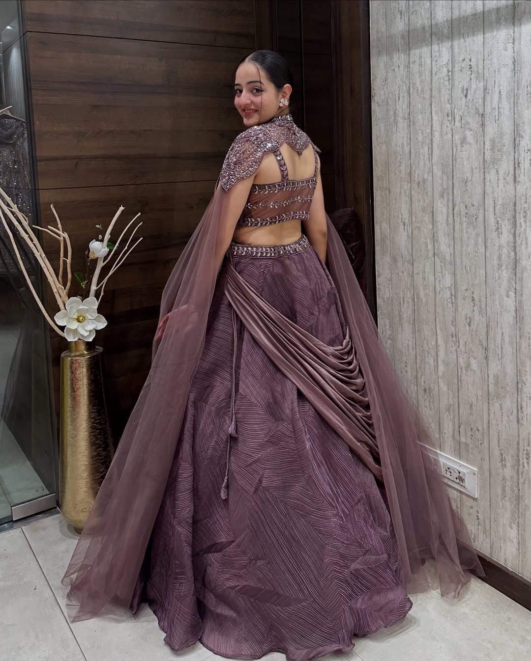 Embellished Mauve Designer Crop Top with Layered Lehenga and Cape Dupatta
