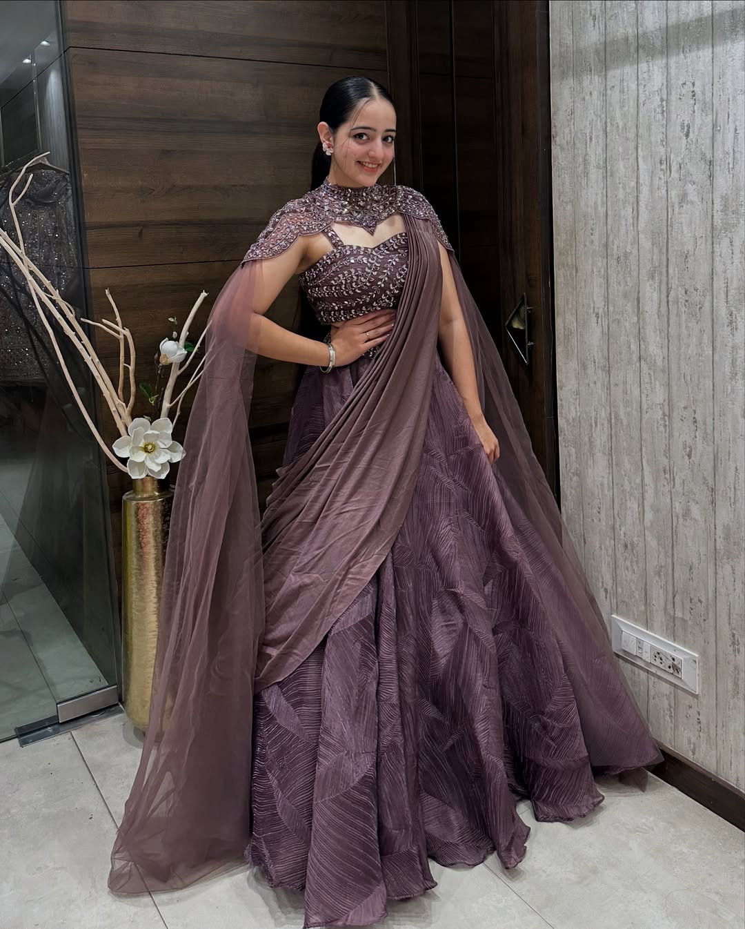 Embellished Mauve Designer Crop Top with Layered Lehenga and Cape Dupatta