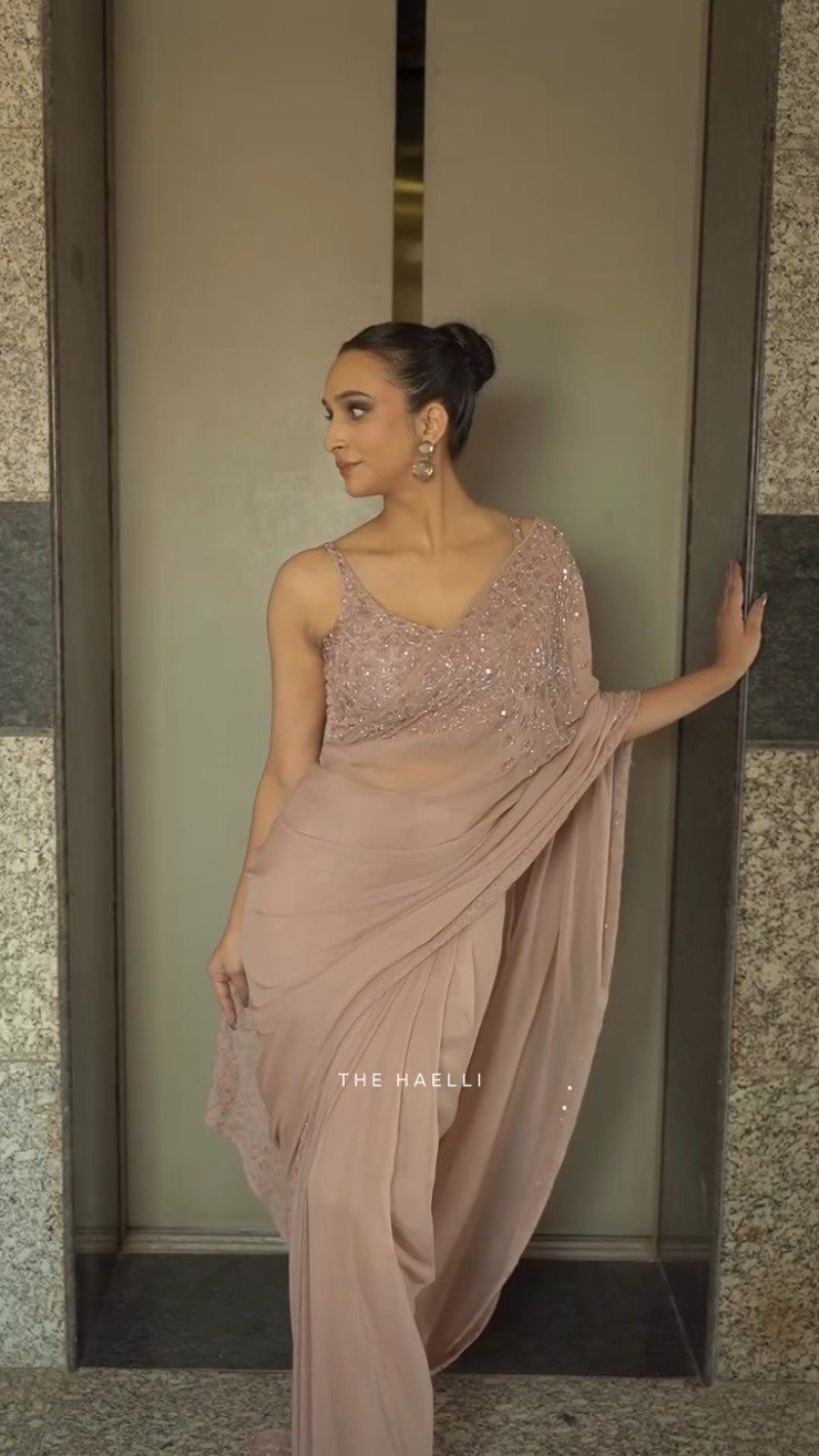 Dusty Rose Embellished Draped Saree with Sequinned Blouse