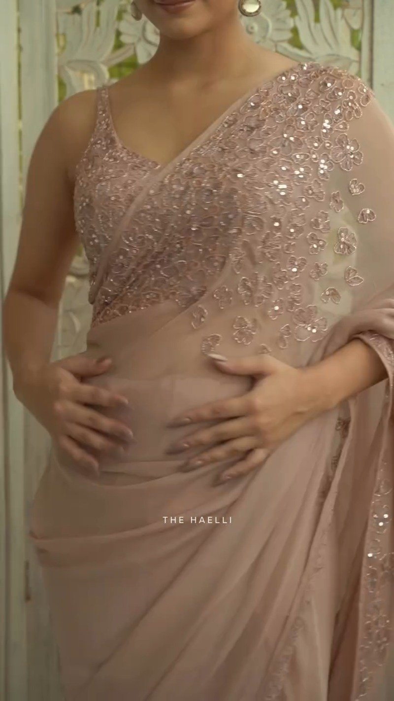 Dusty Rose Embellished Draped Saree with Sequinned Blouse