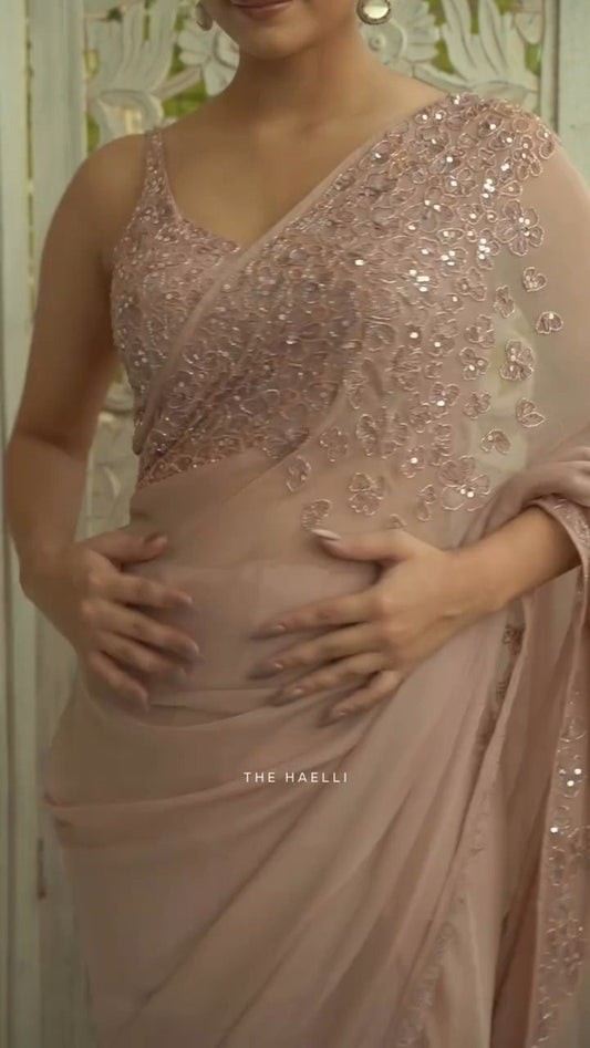 Dusty Rose Embellished Draped Saree with Sequinned Blouse