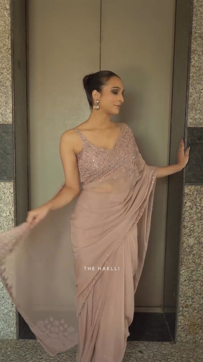 Dusty Rose Embellished Draped Saree with Sequinned Blouse