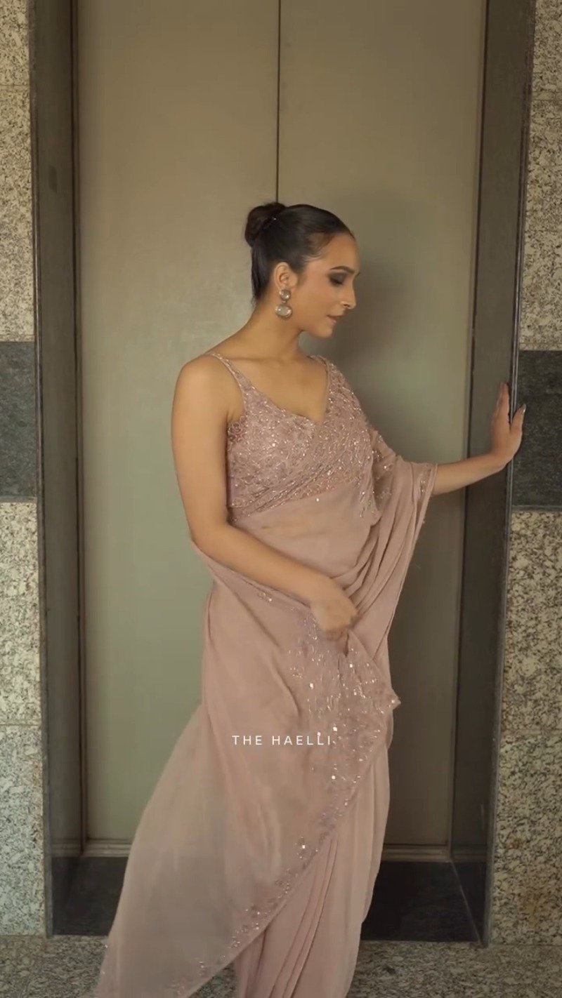 Dusty Rose Embellished Draped Saree with Sequinned Blouse