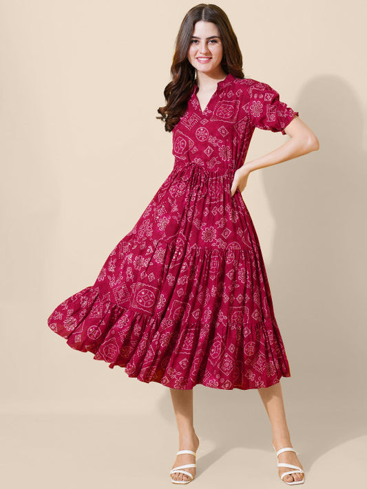 Bandhani Print Tiered Fit and Flare Midi Dress